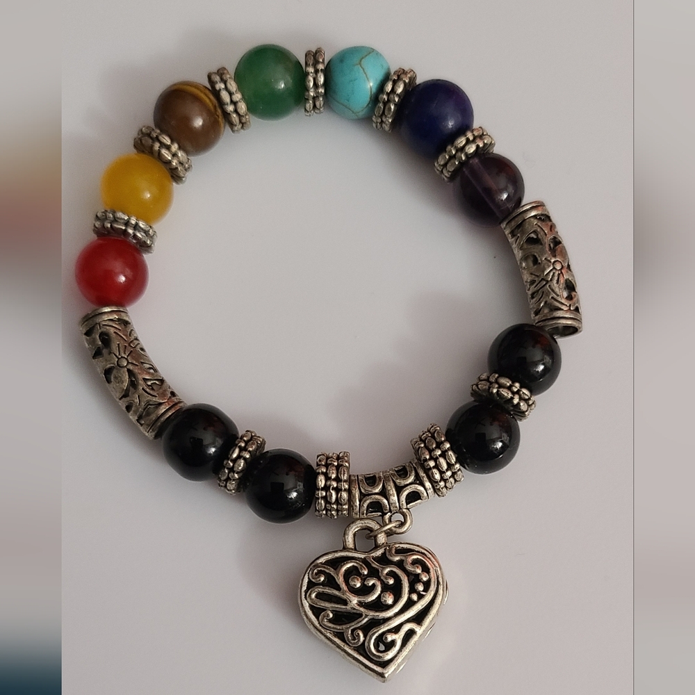 7 Chakra Heart Gemstone Bracelet Silver Filigree Tone Stretch Euc - Picture 1 of 6